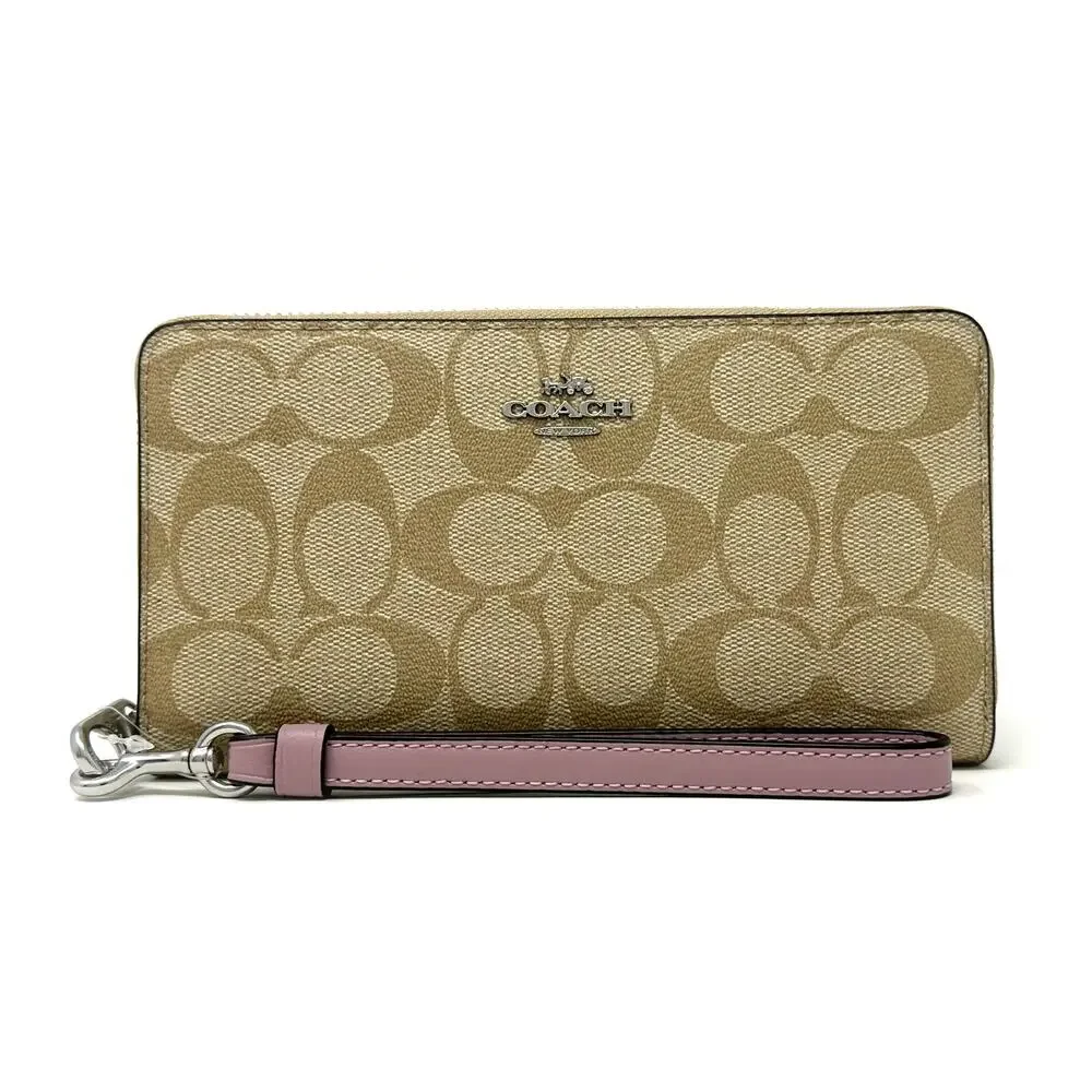 Coach Long Zip Around Wallet in Signature Canvas Light Khaki Ice Purple C4452